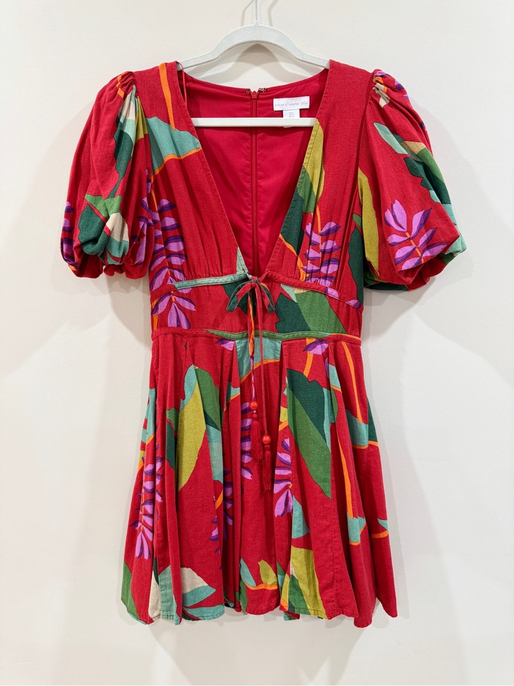 House of Harlow Tropical Floral Linen Blend Puff Sleeve Mini Dress Size 6 - Picture 9 of 12